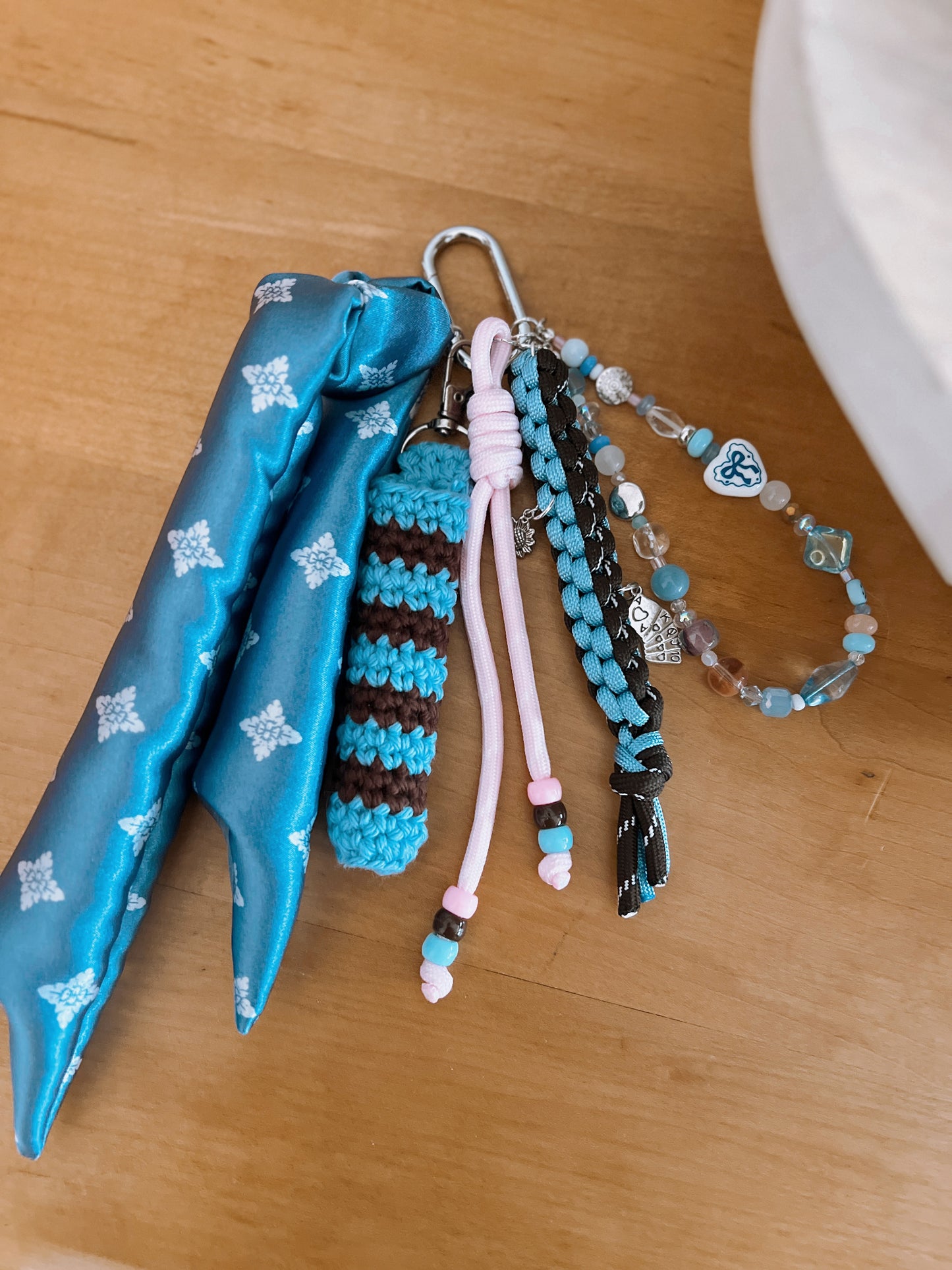 Scarf & Bead Layered Bag Charm | Blue, Pink, Brown - Silver