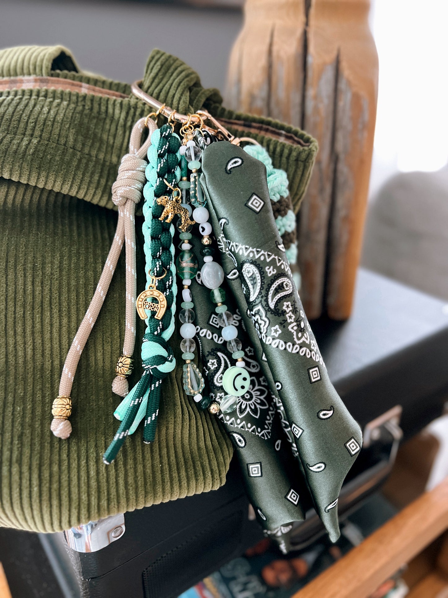 Scarf & Bead Layered Bag Charm | Green & Seafoam - Gold
