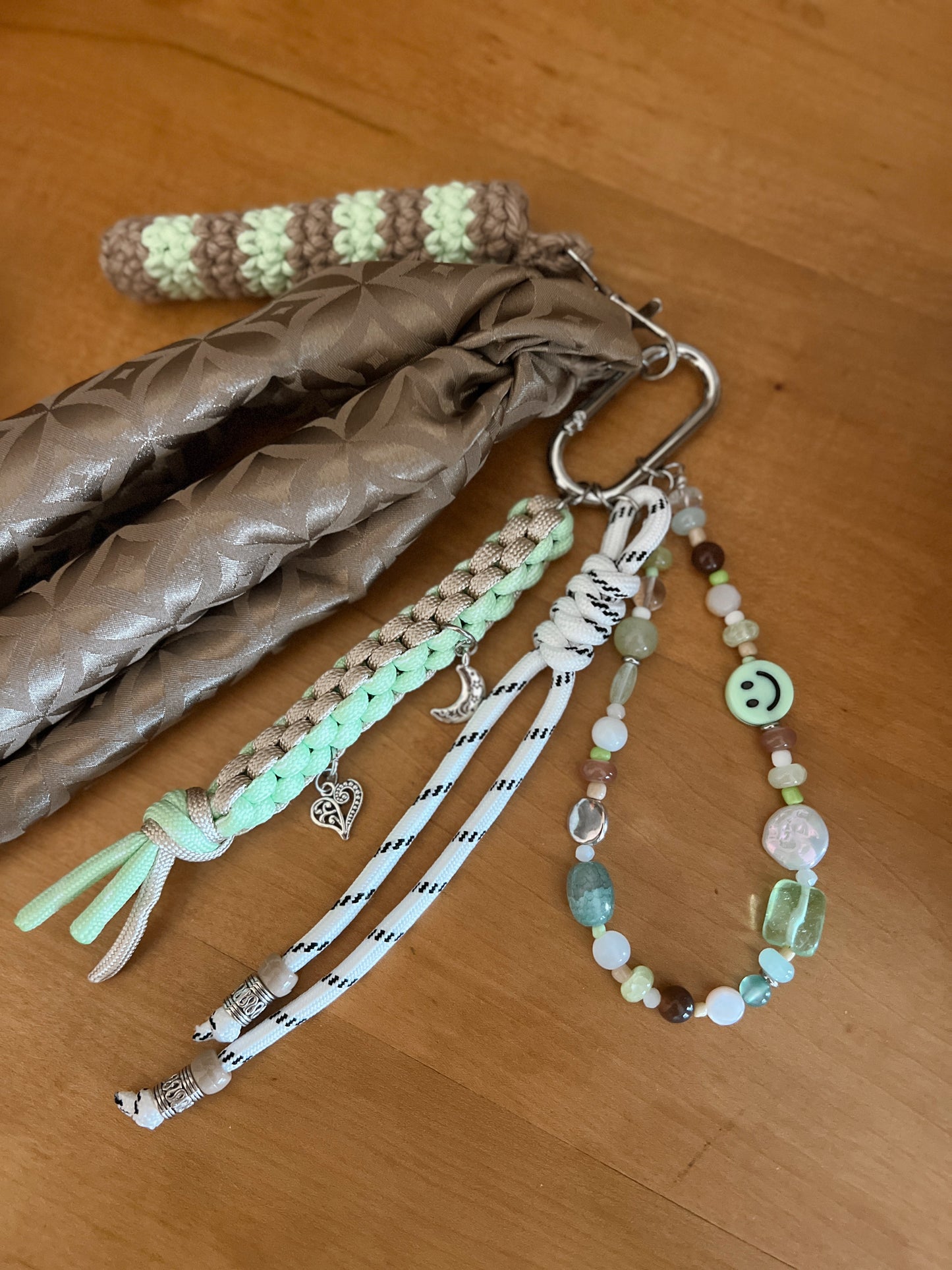 Scarf & Bead Layered Bag Charm | Tan & Pistachio - Silver