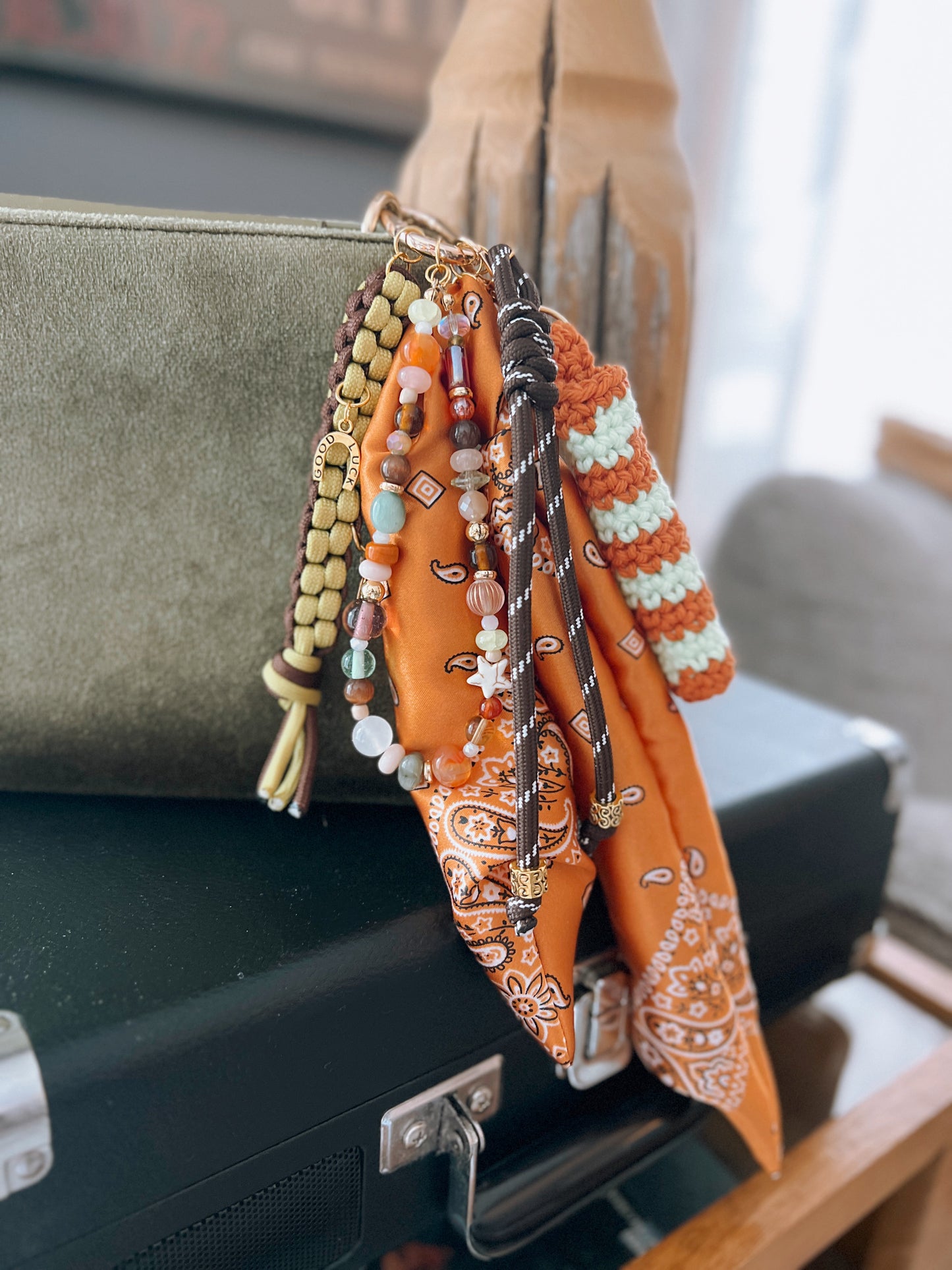 Scarf & Bead Layered Bag Charm | Orange & Brown - Gold