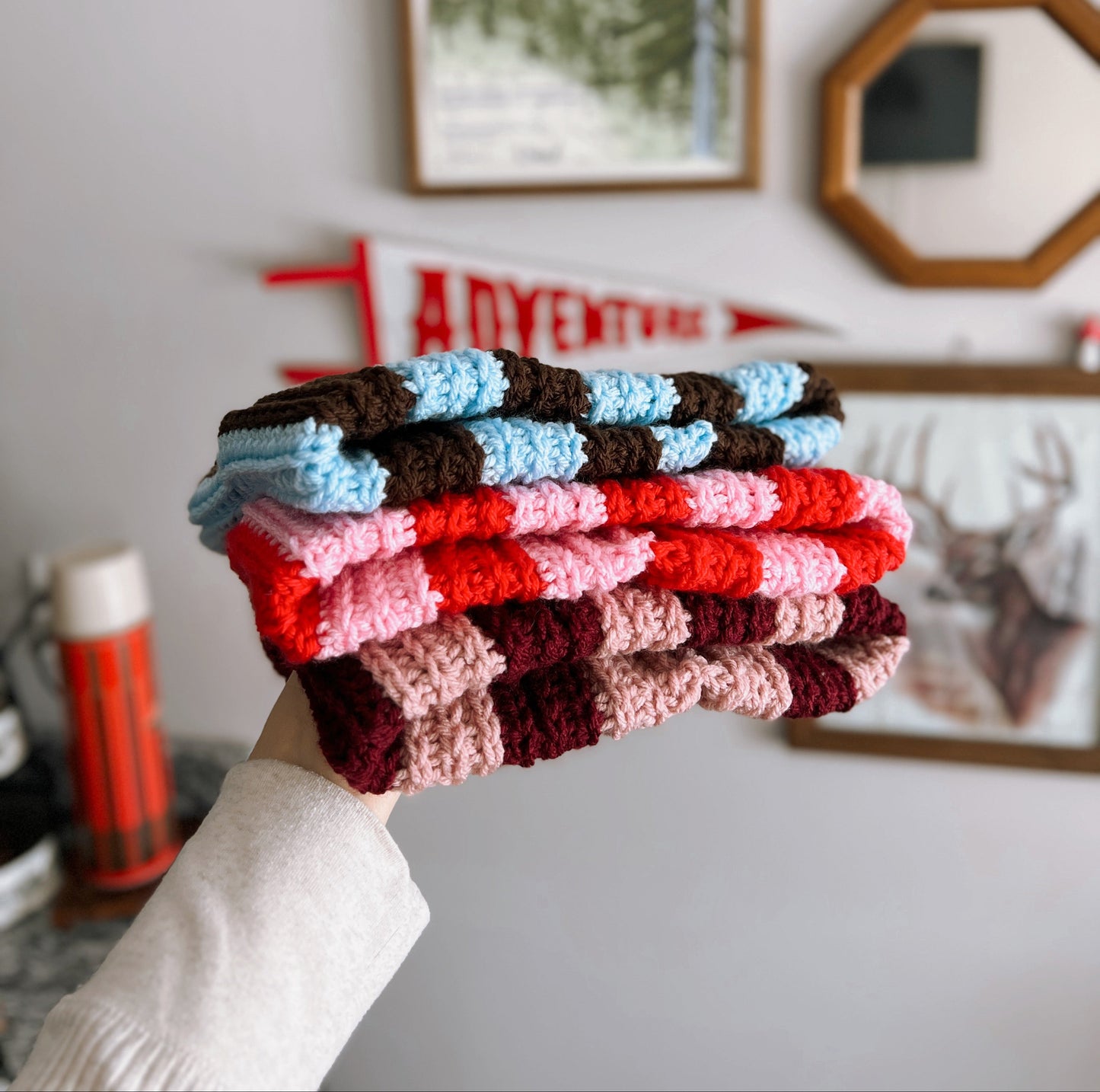 Double Brim Beanie | Stripey Baby Blue & Brown