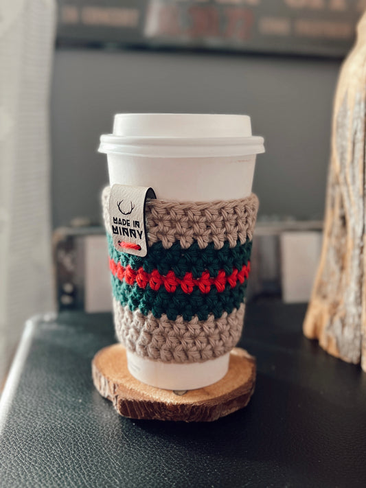 Coffee Cup Sleeve | Tan, Green & Red Stripe