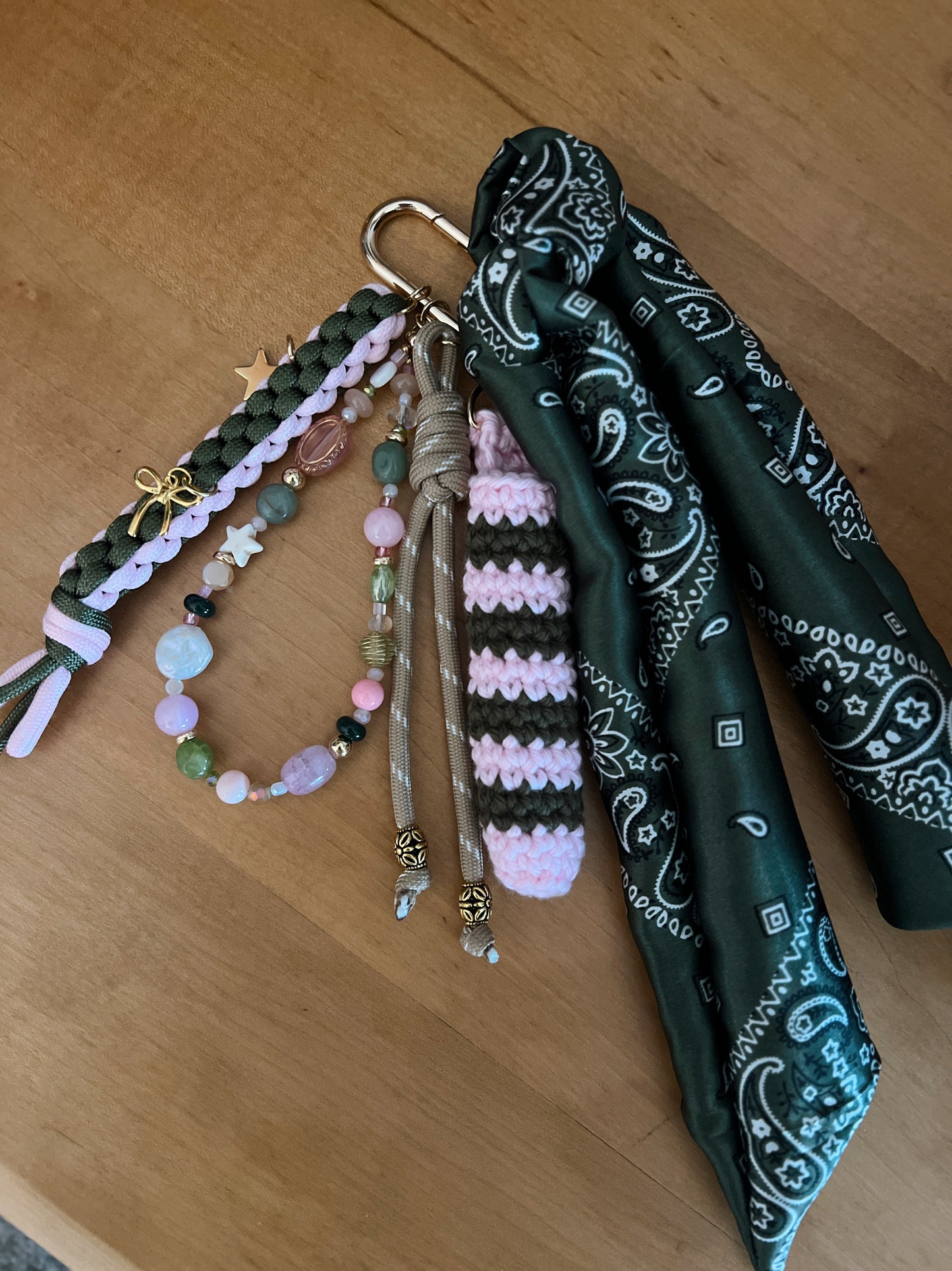 Scarf & Bead Layered Bag Charm | Olive & Pink - Gold