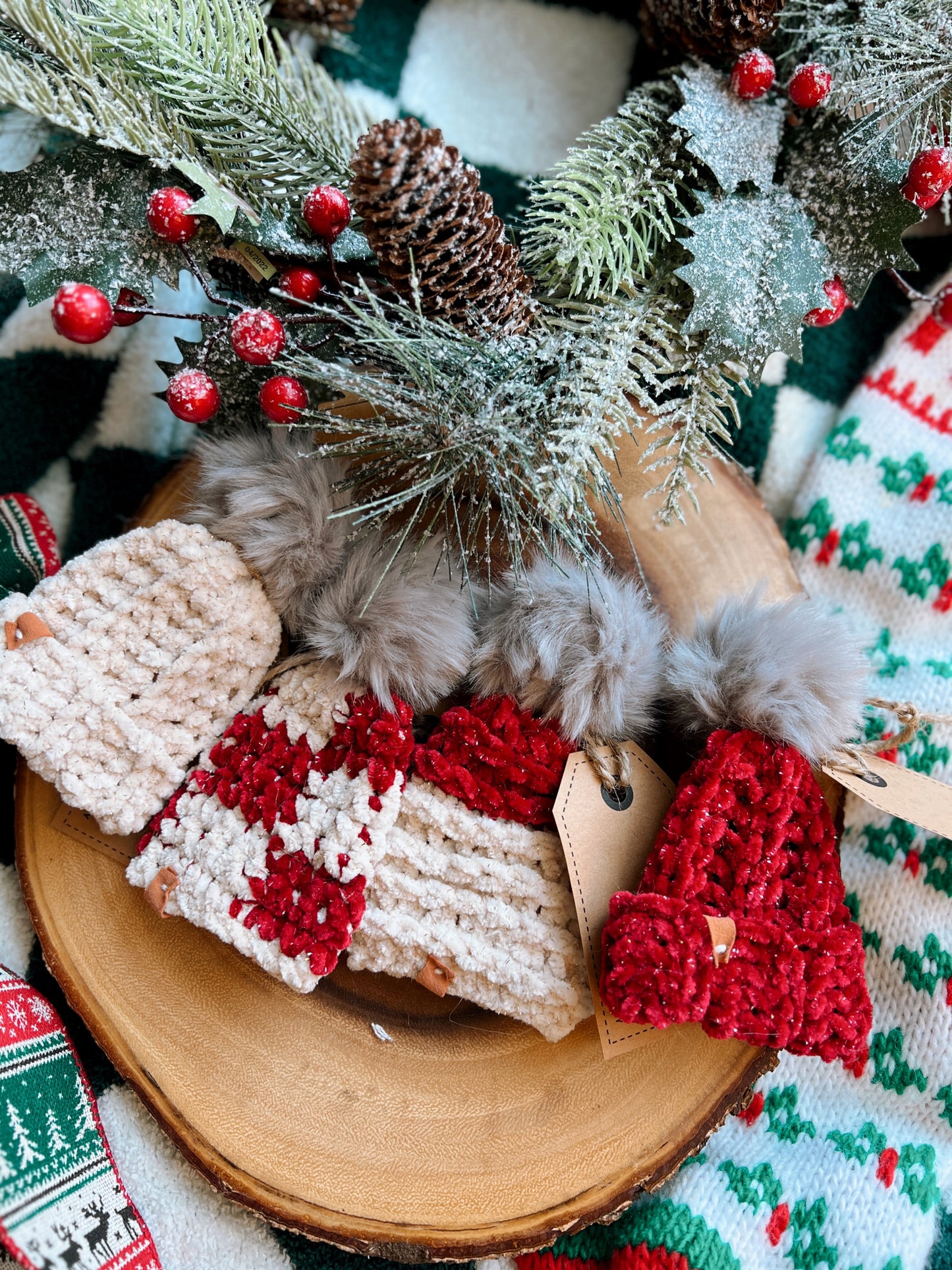 Red & Cream Velvet Beanie Christmas Ornaments (set of 4)