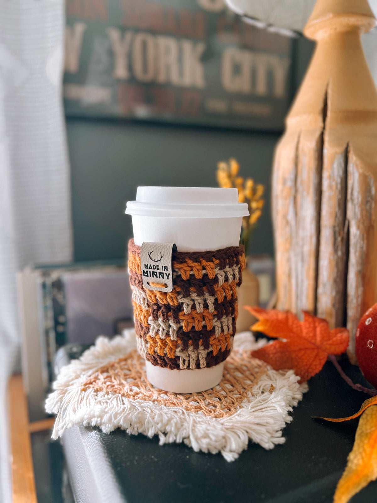 Coffee Cup Sleeve | Brown, Orange, Tan Plaid