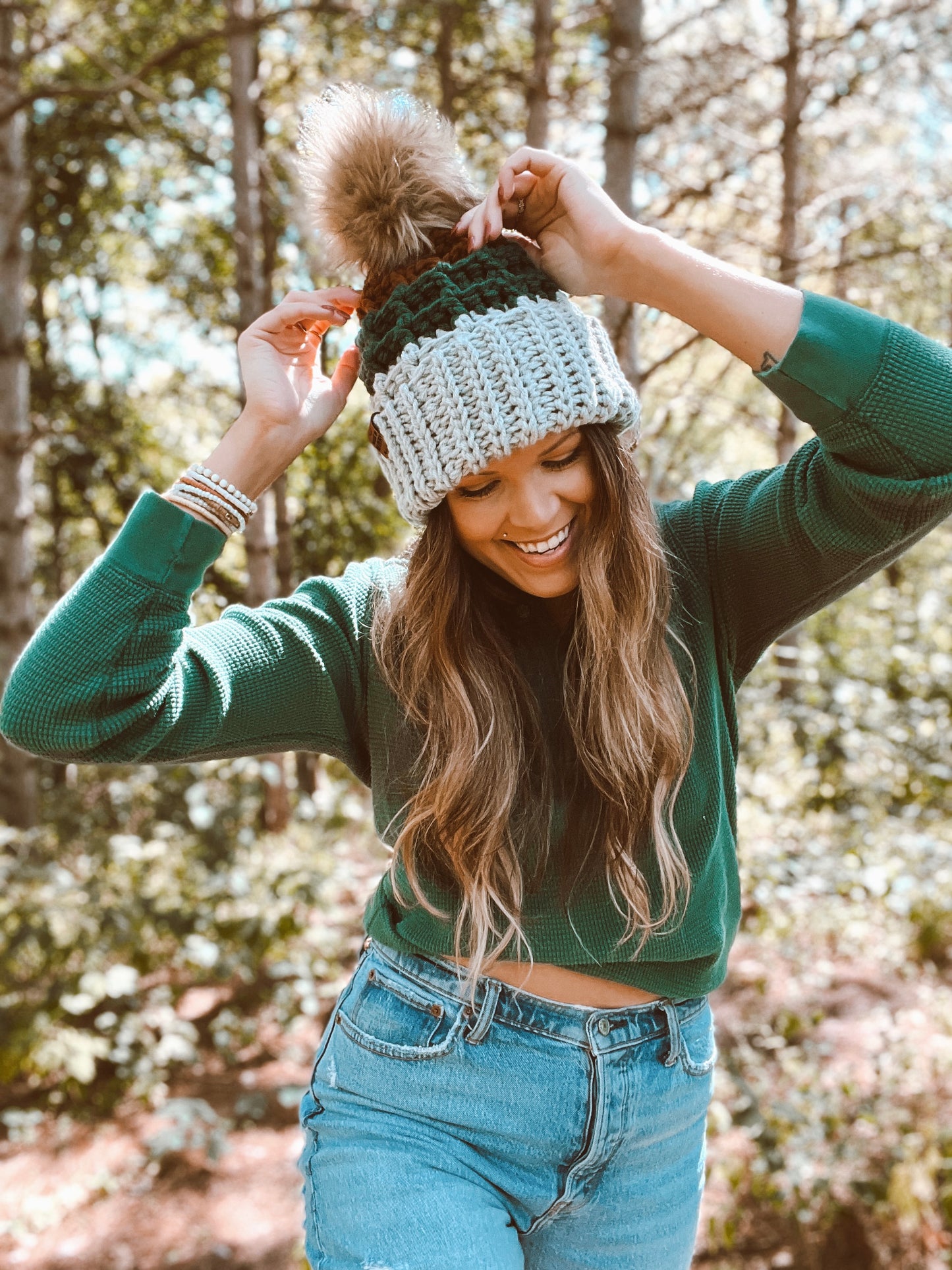 Waffle Fold Beanie | 3-Tone Gray, Forest Green & Brown