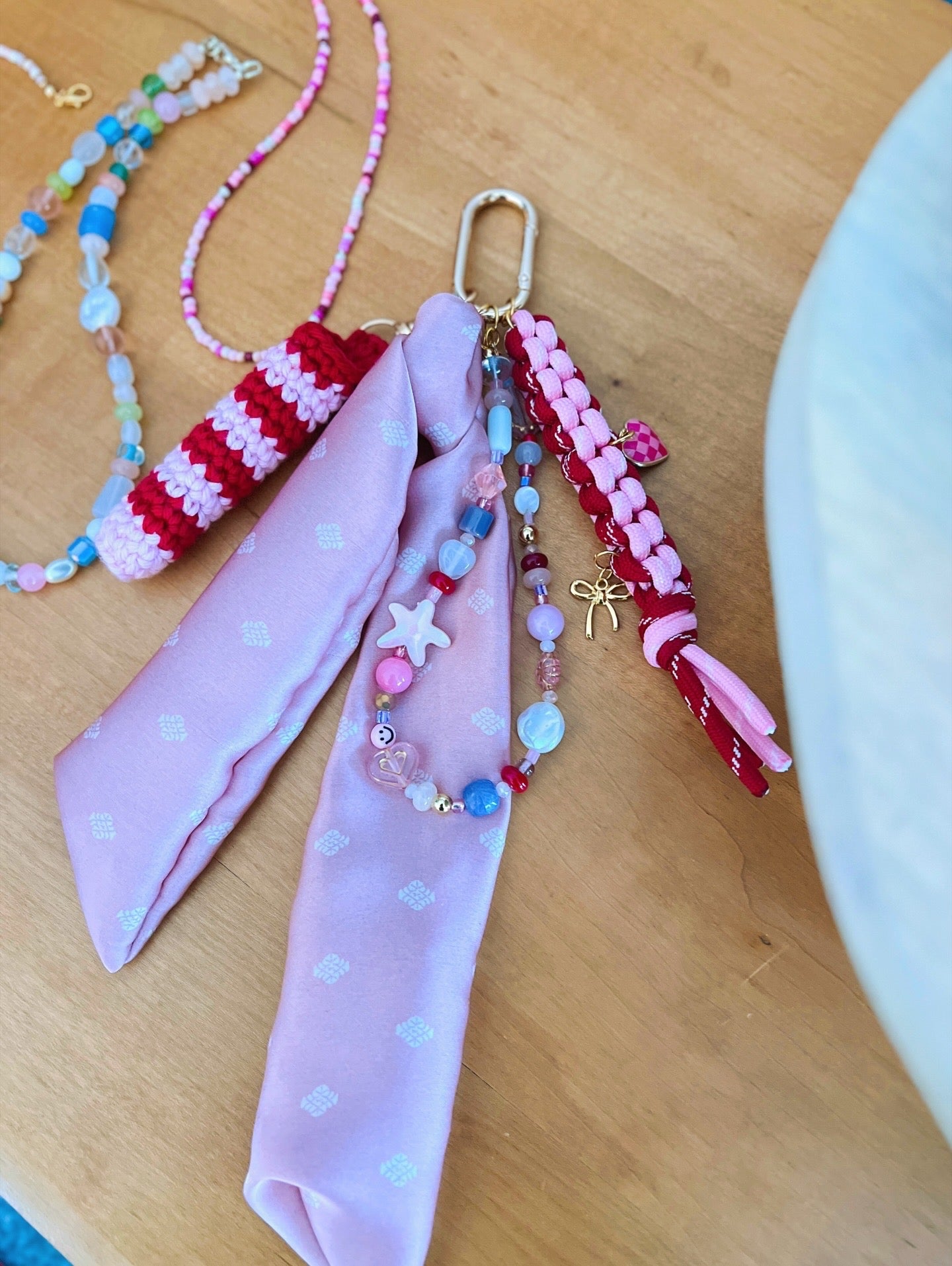 Scarf & Bead Layered Bag Charm | Pink & Red - Gold