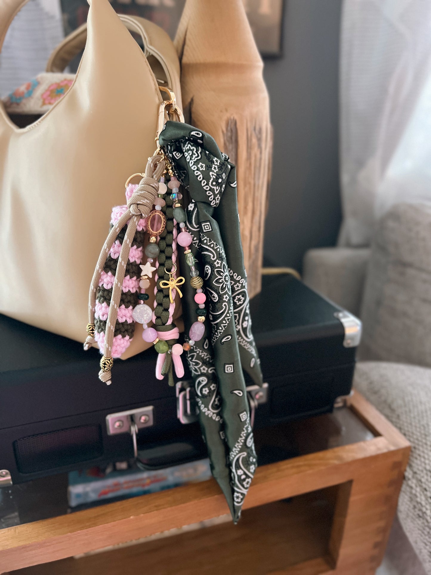 Scarf & Bead Layered Bag Charm | Olive & Pink - Gold