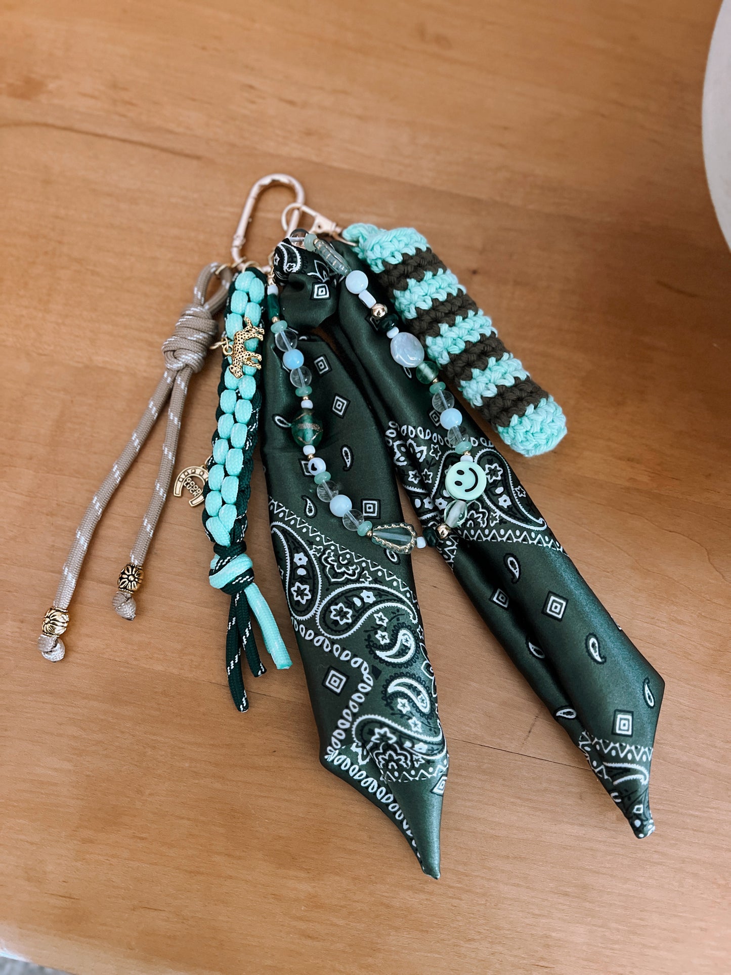 Scarf & Bead Layered Bag Charm | Green & Seafoam - Gold