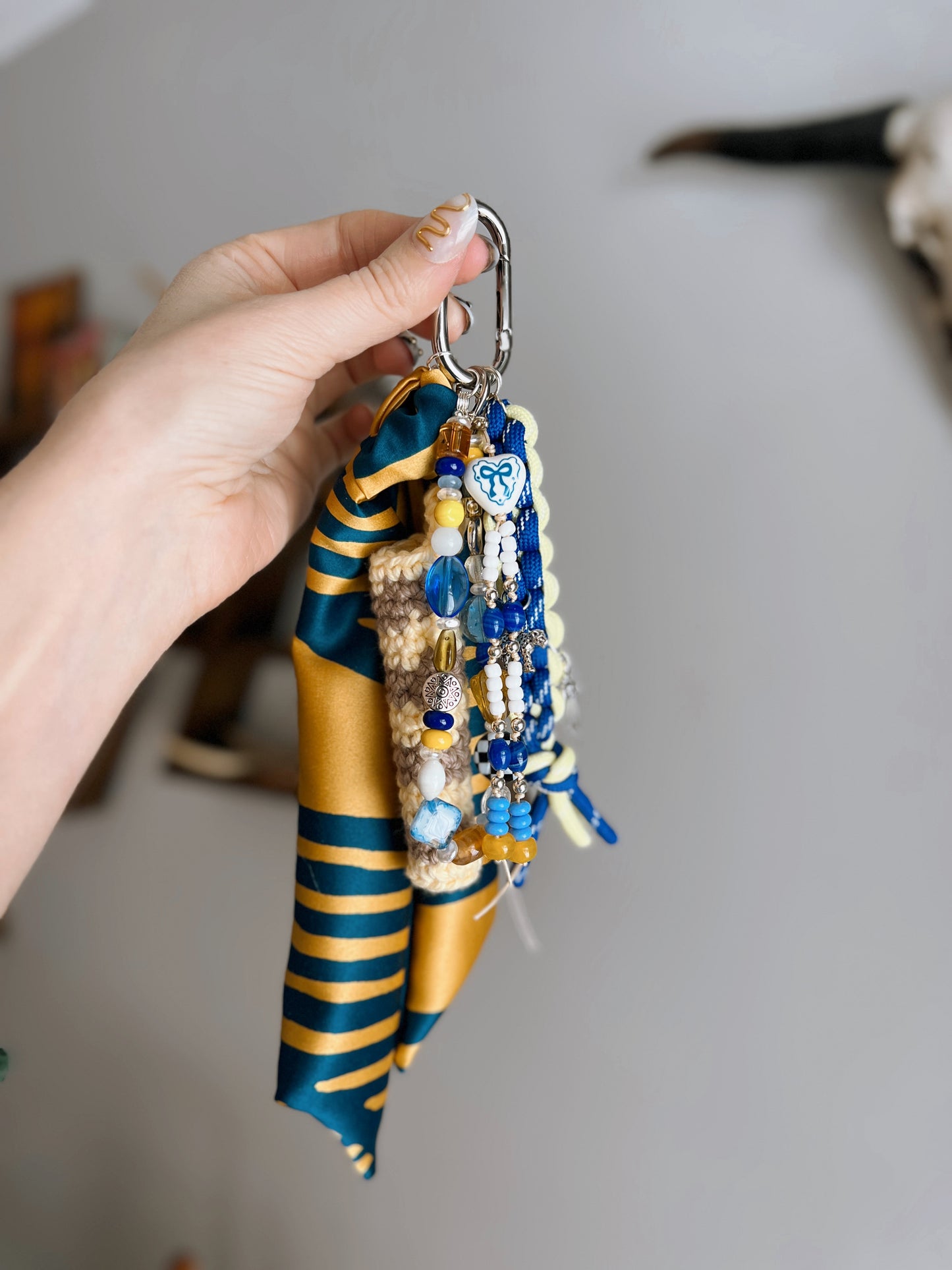 Scarf & Bead Layered Bag Charm | Blue & Yellow - Silver