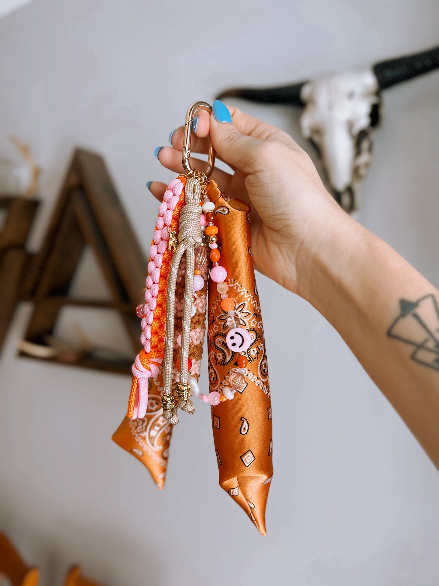 Scarf & Bead Layered Bag Charm | Orange & Pink - Gold