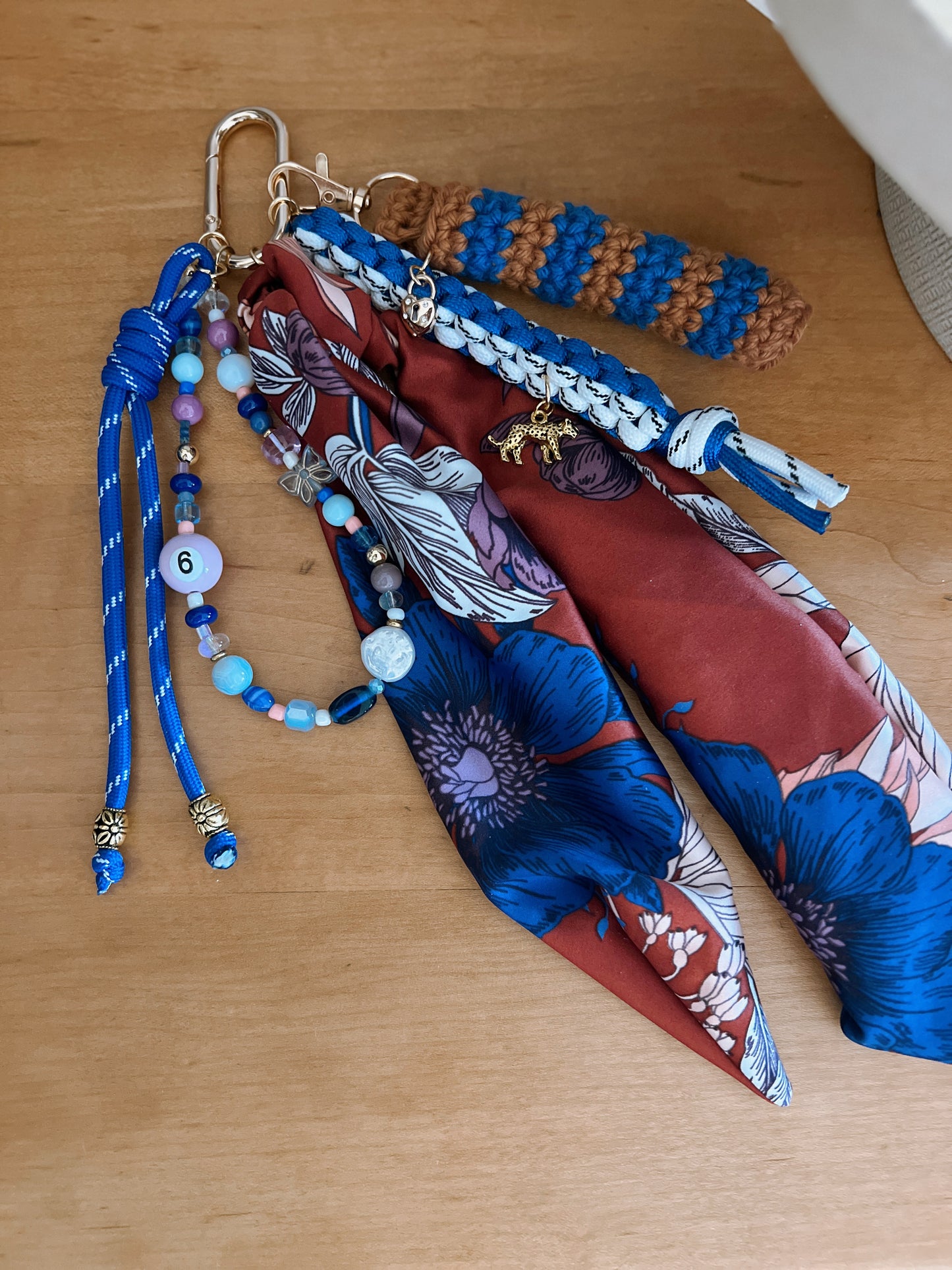 Scarf & Bead Layered Bag Charm | Blue, Purple & Rust - Gold