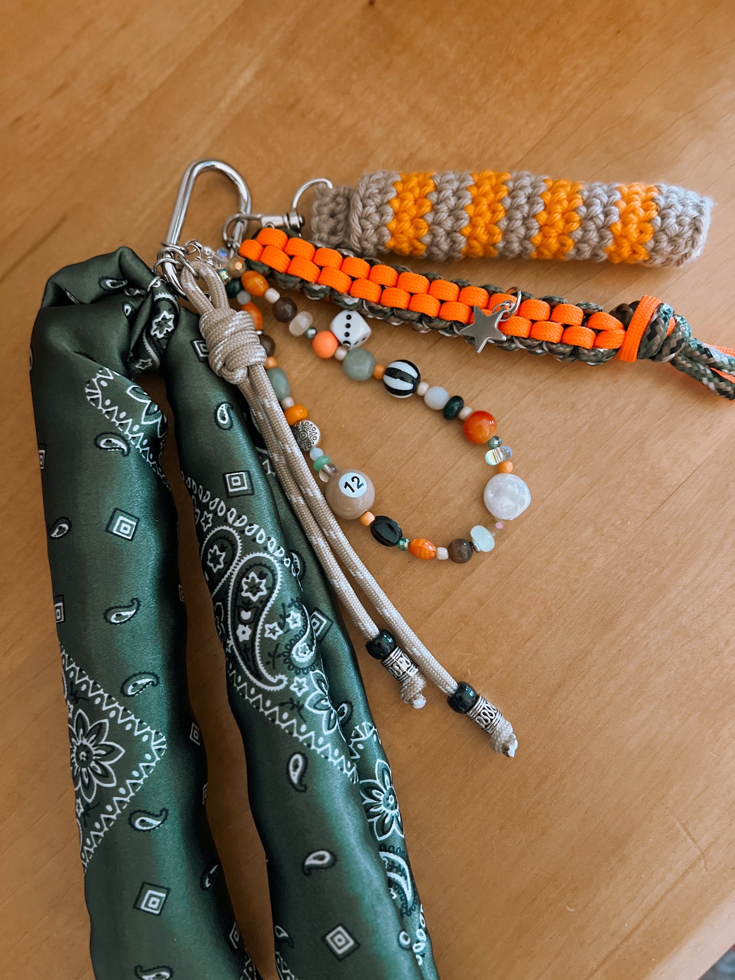 Scarf & Bead Layered Bag Charm | Olive & Orange - Silver