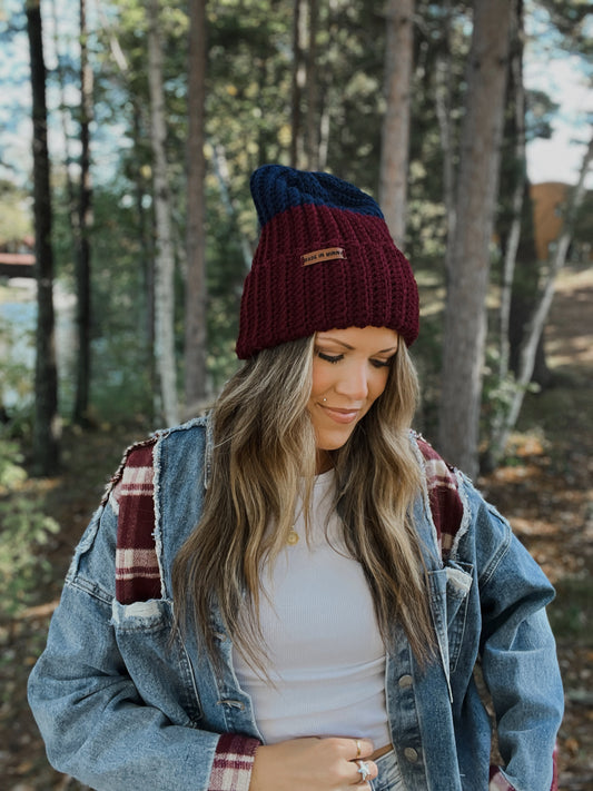 Cloudfold Classic Beanie | Burgundy & Navy Colorblock