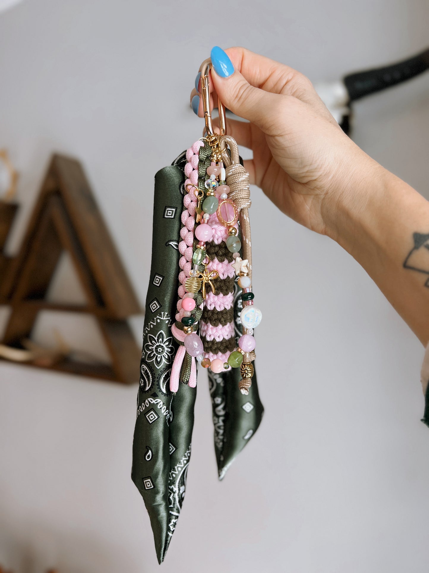 Scarf & Bead Layered Bag Charm | Olive & Pink - Gold