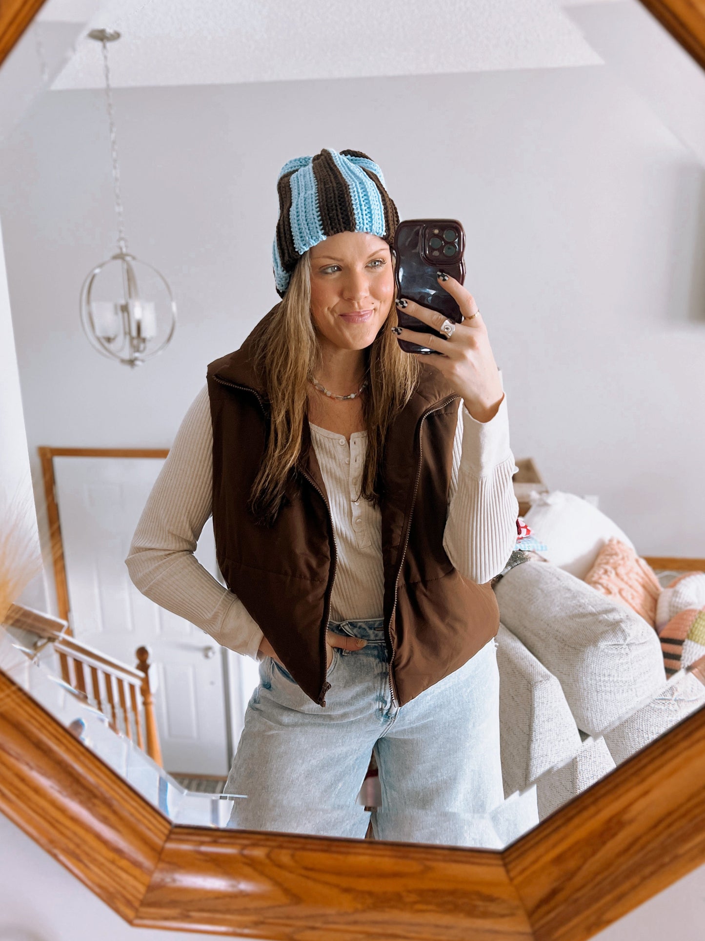 Double Brim Beanie | Stripey Baby Blue & Brown