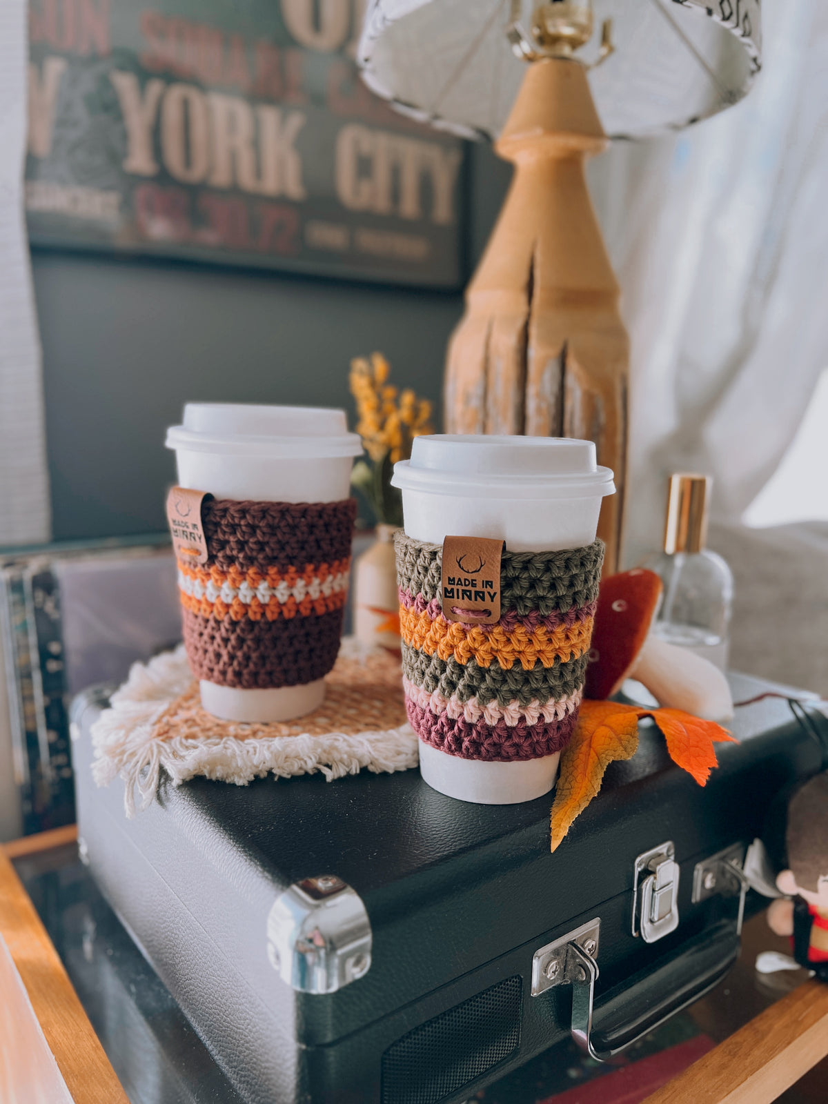Coffee Cup Sleeve | Olive, Orange, Burgundy Stripe
