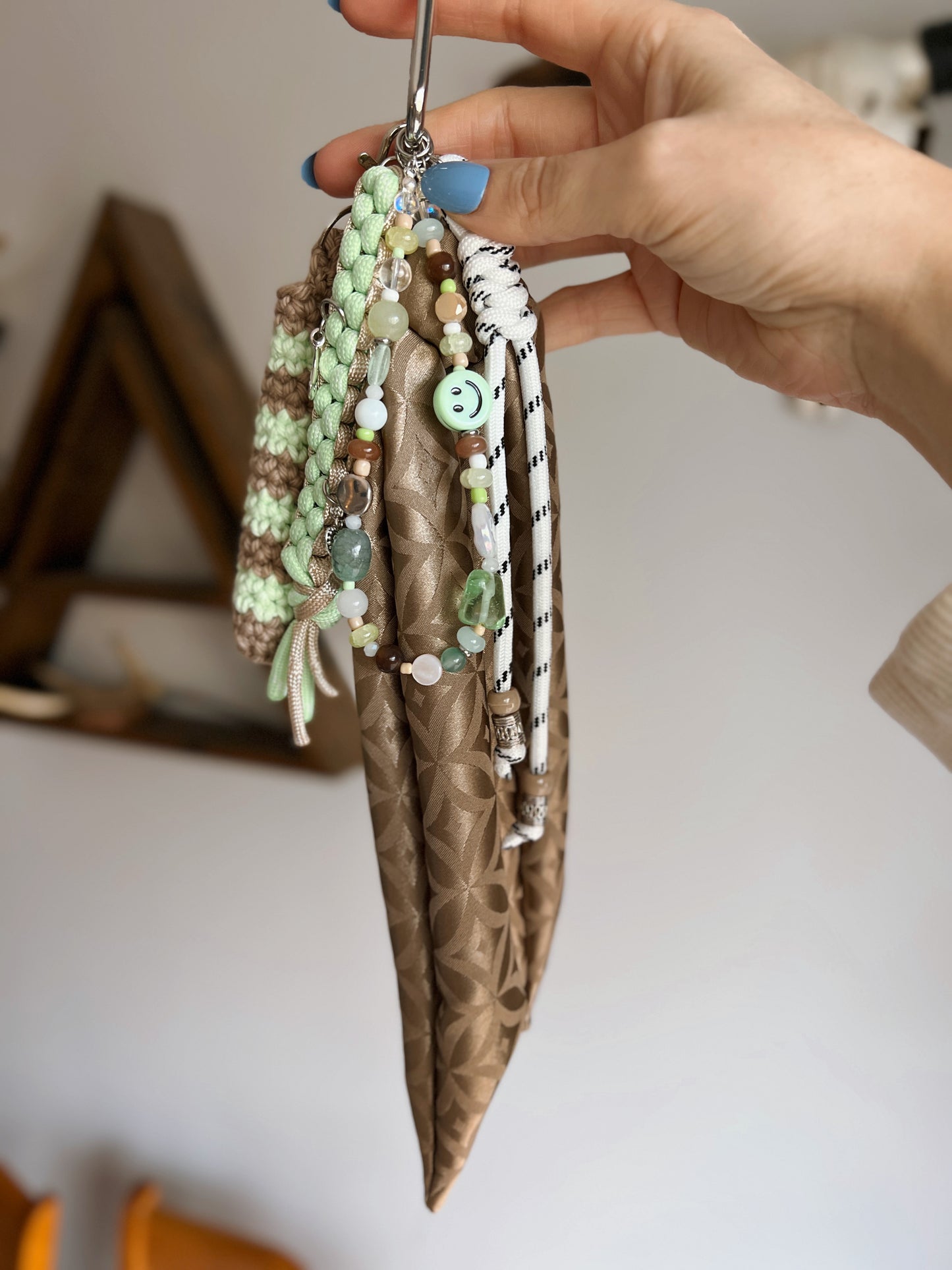Scarf & Bead Layered Bag Charm | Tan & Pistachio - Silver