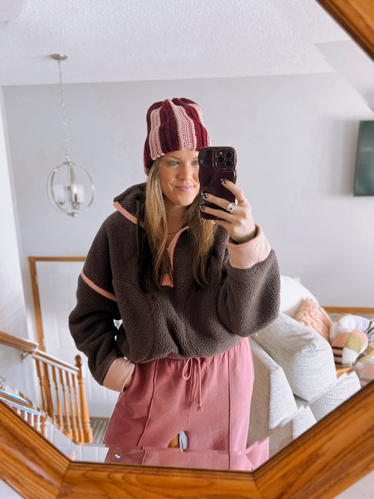 Double Brim Beanie | Stripey Blush & Burgundy