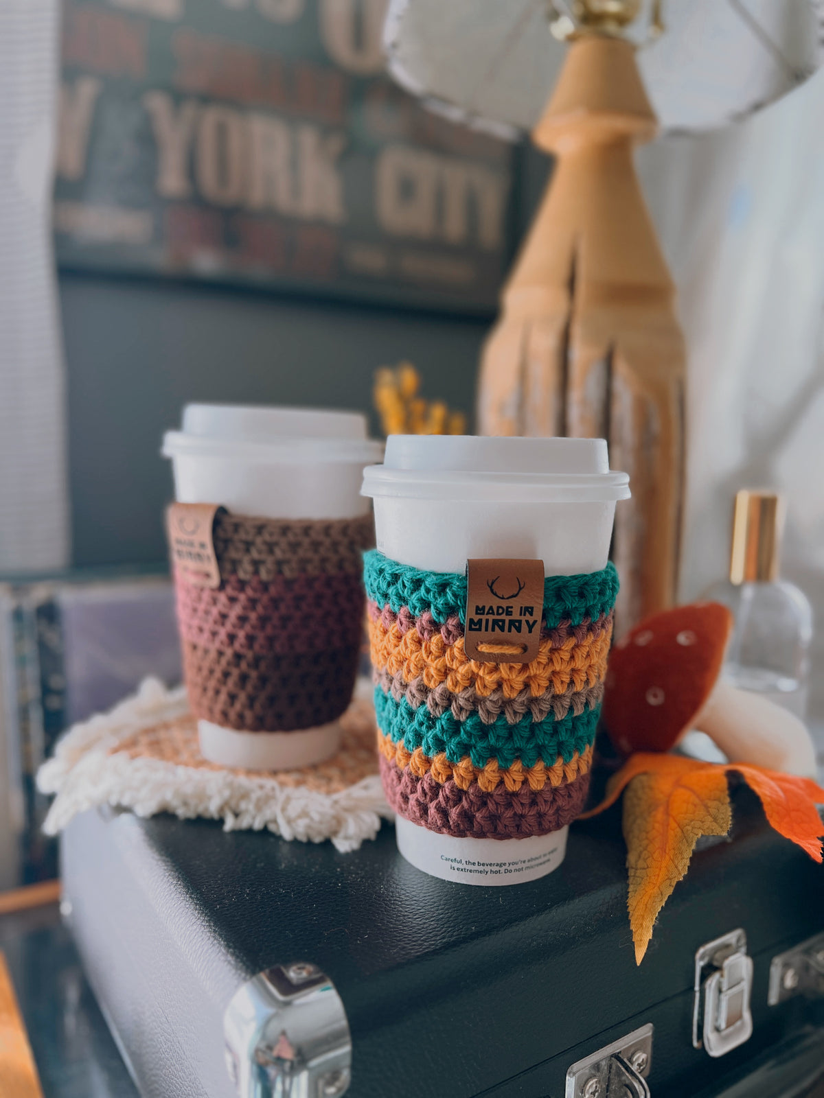 Coffee Cup Sleeve | Forest, Orange, Burgundy Stripe