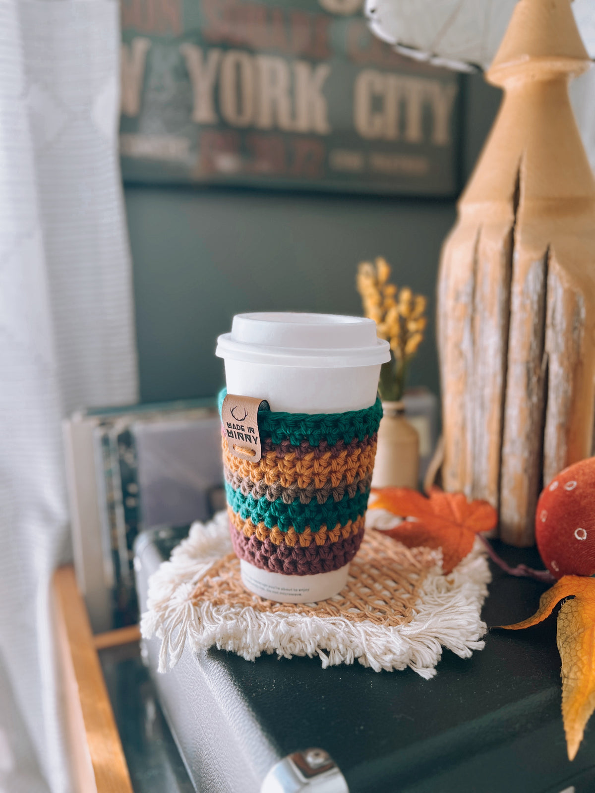 Coffee Cup Sleeve | Forest, Orange, Burgundy Stripe