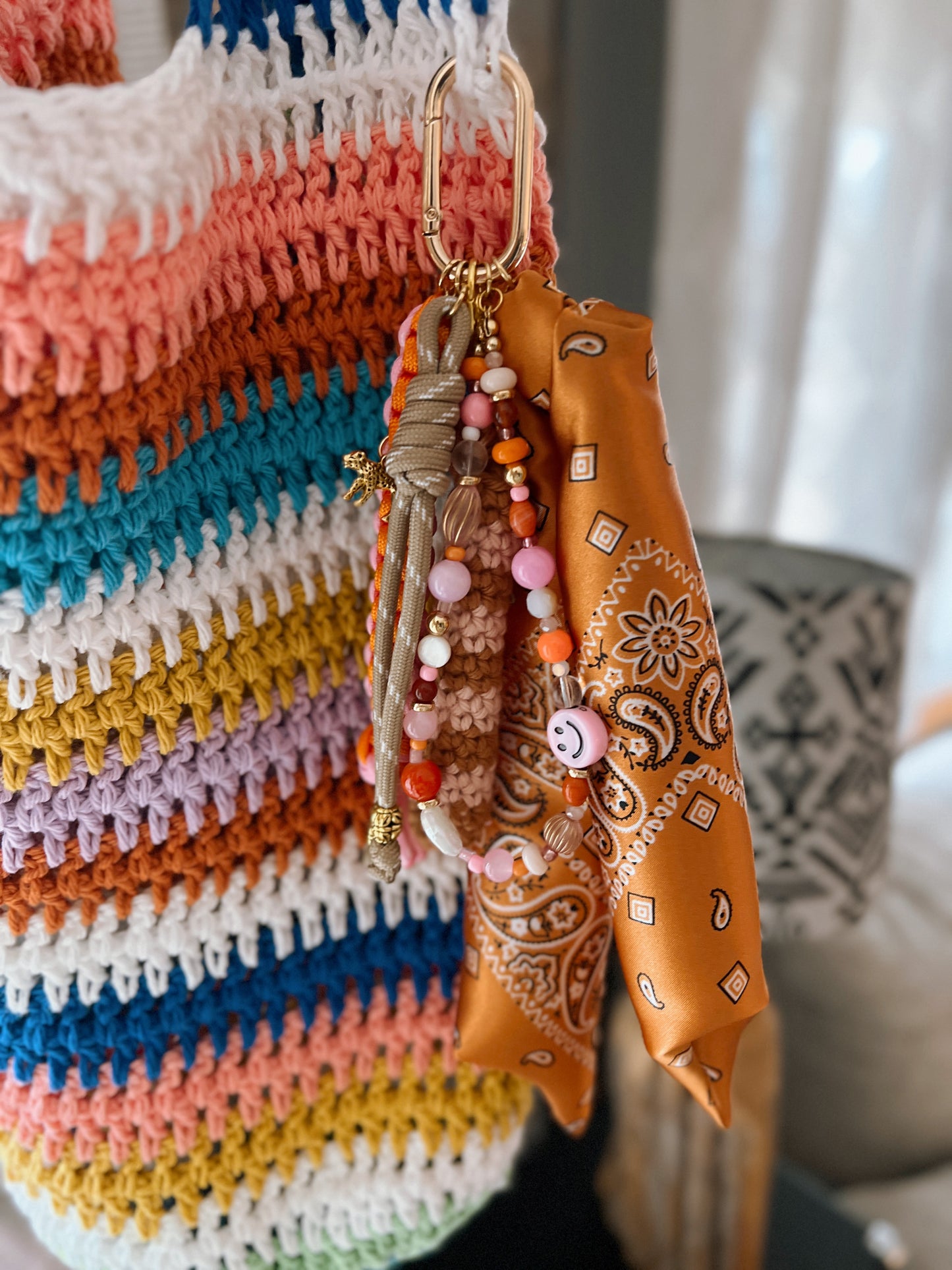 Scarf & Bead Layered Bag Charm | Orange & Pink - Gold