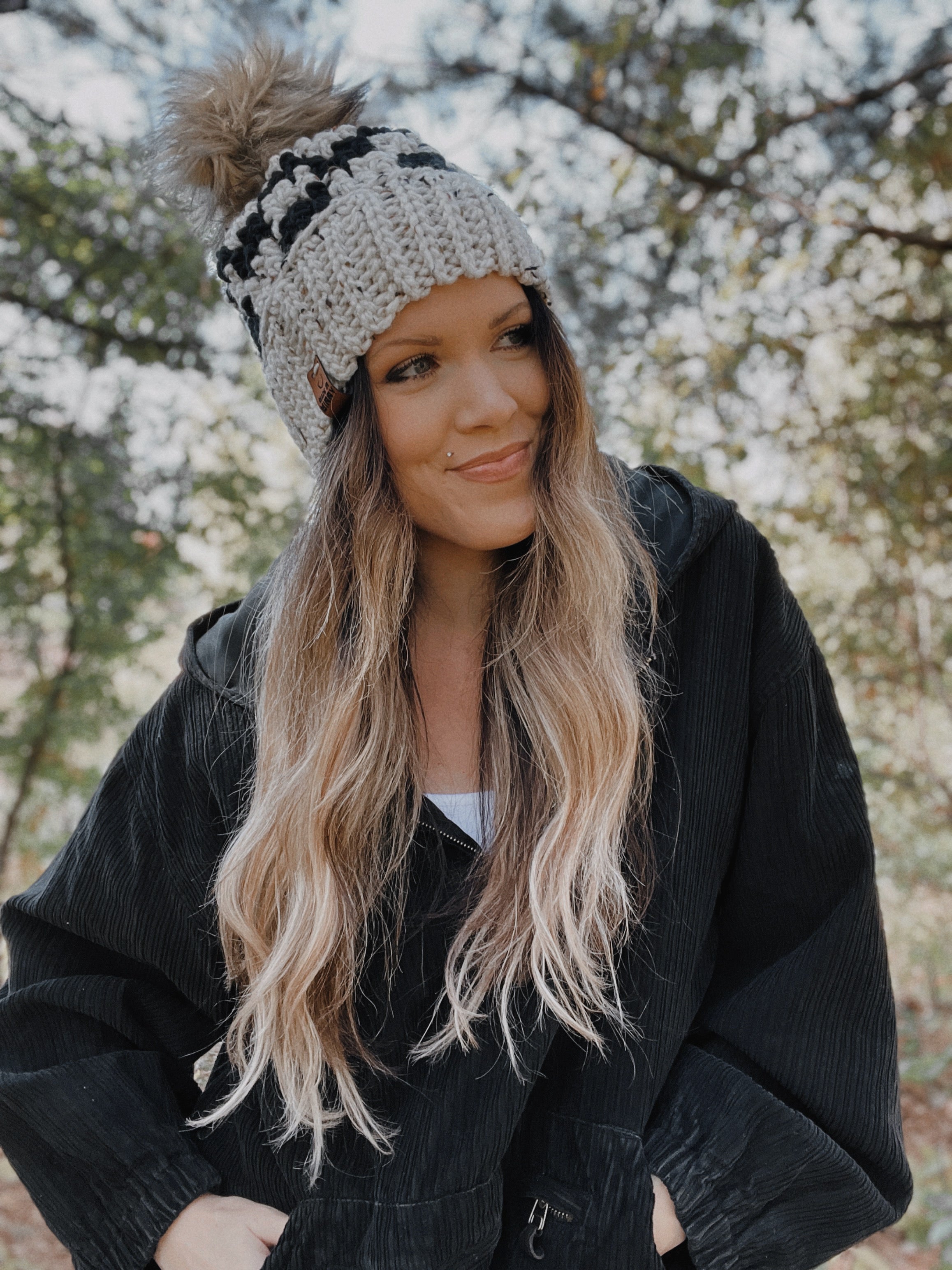 Chunky Check Beanie | No Fold | White Fleck & Black