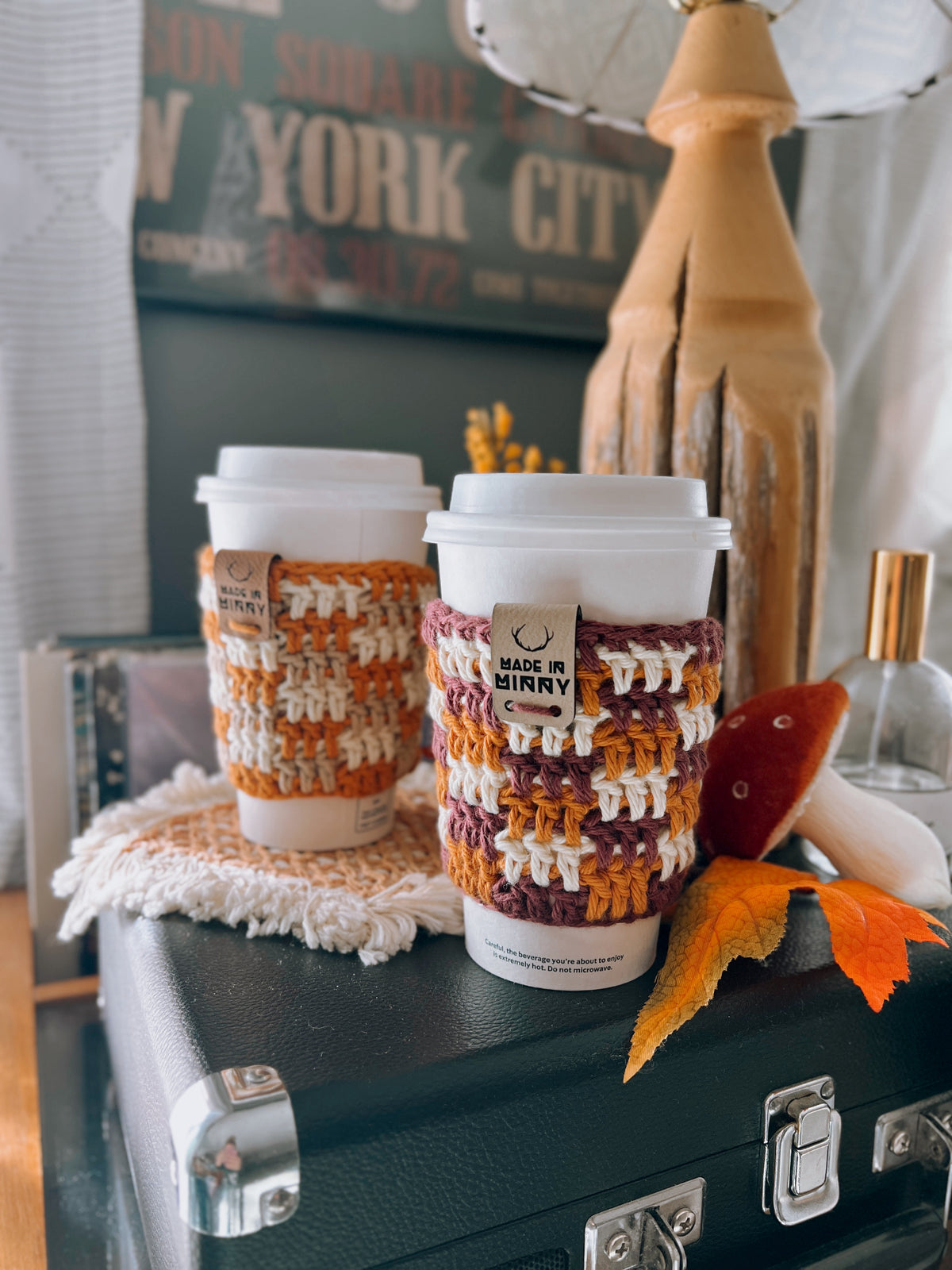 Coffee Cup Sleeve | Burgundy, Orange, Cream Plaid