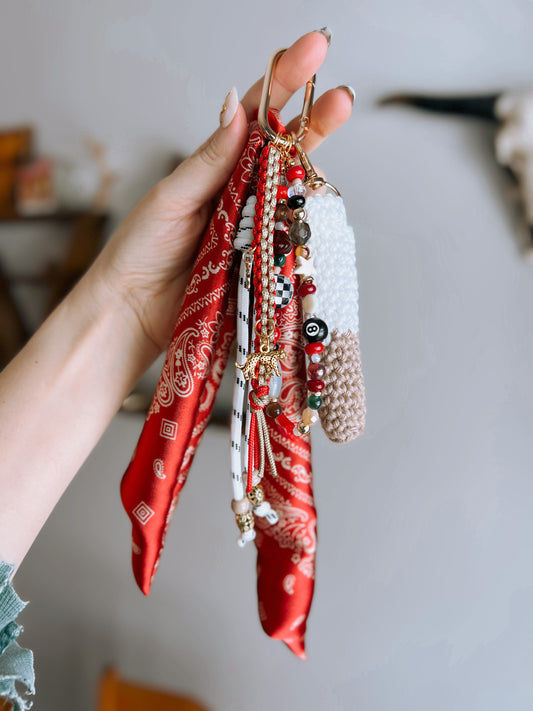 Scarf & Bead Layered Bag Charm | Red & Tan - Gold