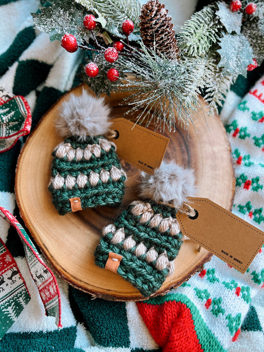 Chunky Bobble Green & Greige Beanie Christmas Ornaments (set of 2)