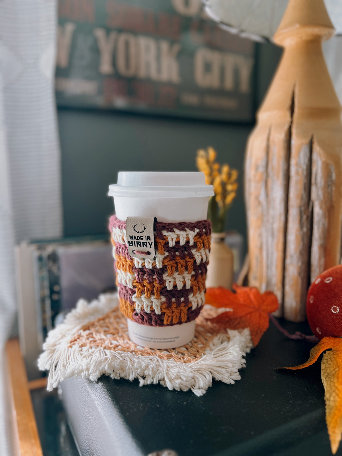 Coffee Cup Sleeve | Burgundy, Orange, Cream Plaid