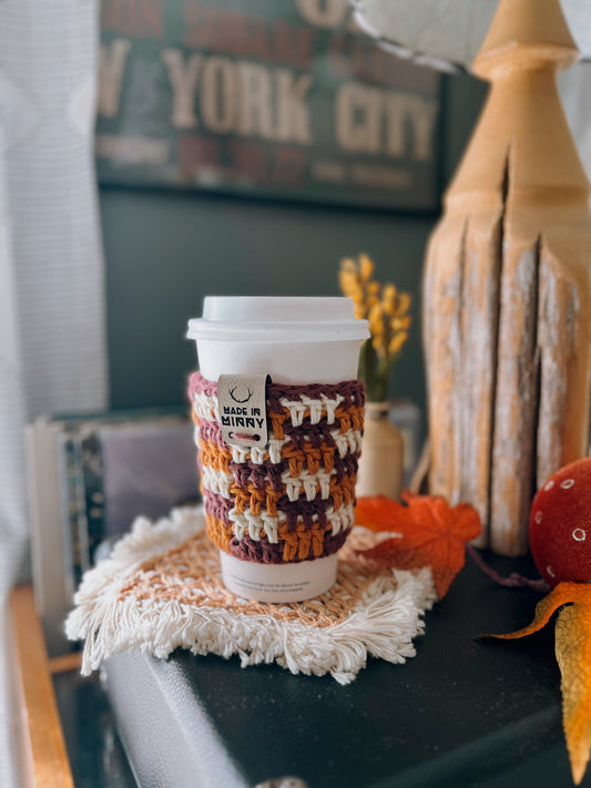 Coffee Cup Sleeve | Burgundy, Orange, Cream Plaid