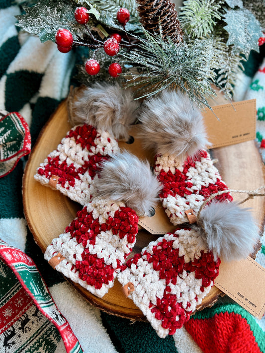 Check Red & Cream Velvet Beanie Christmas Ornaments (set of 4)