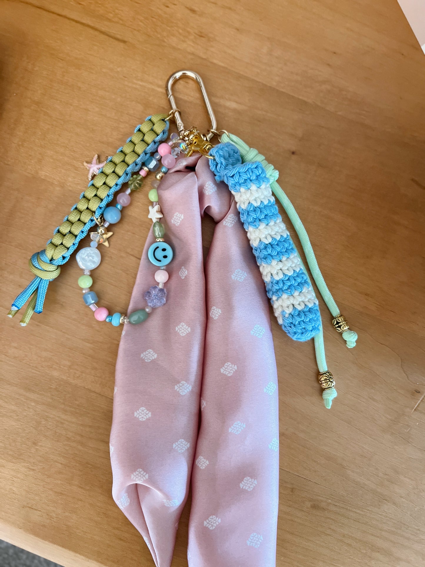 Scarf & Bead Layered Bag Charm | Pink, Blue, Green - Gold