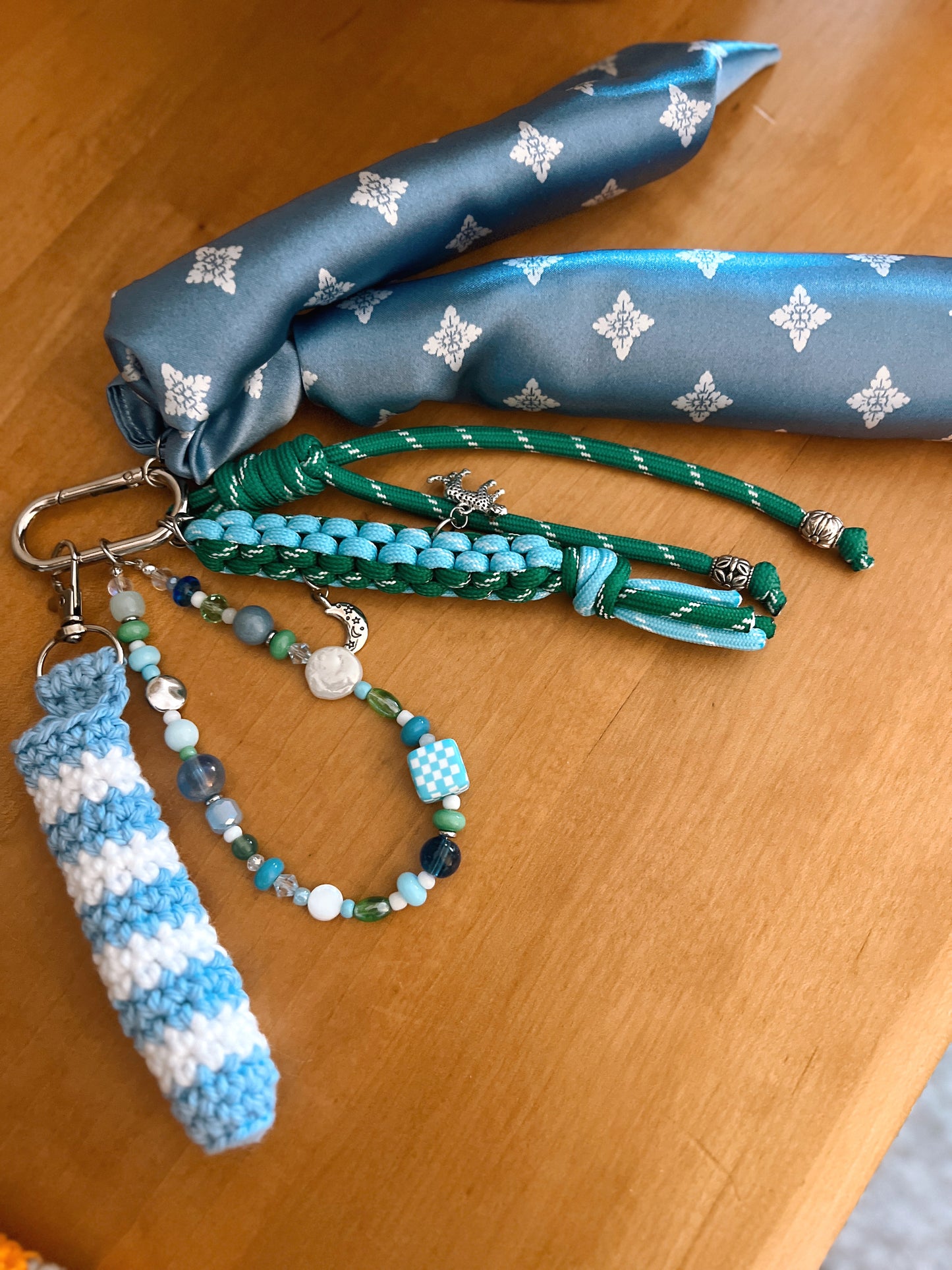 Scarf & Bead Layered Bag Charm | Blue & Green - Silver
