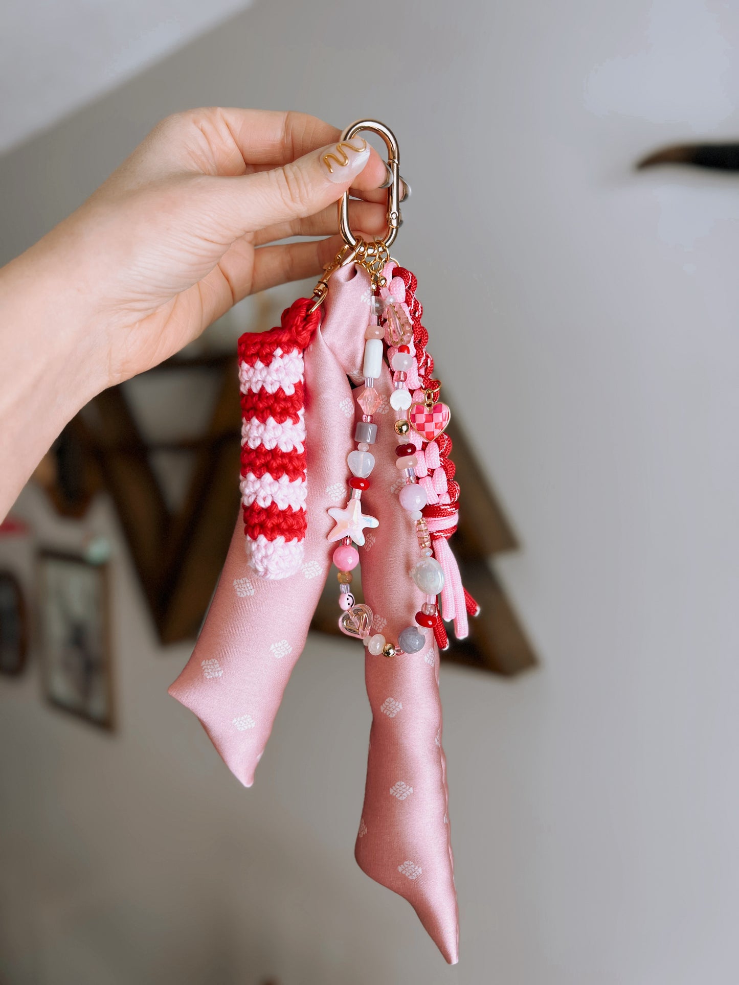 Scarf & Bead Layered Bag Charm | Pink & Red - Gold