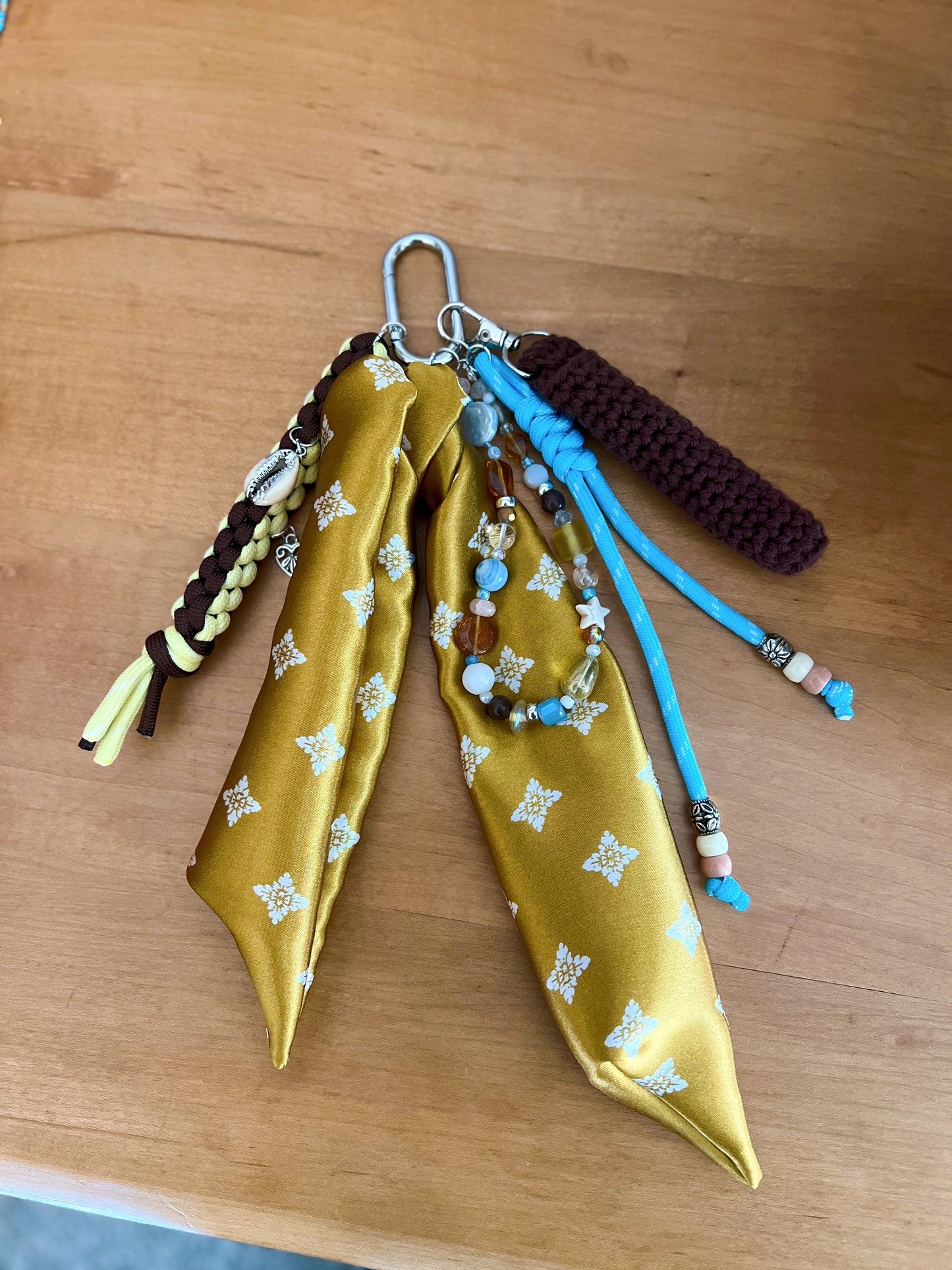 Scarf & Bead Layered Bag Charm | Gold, Brown & Blue - Silver