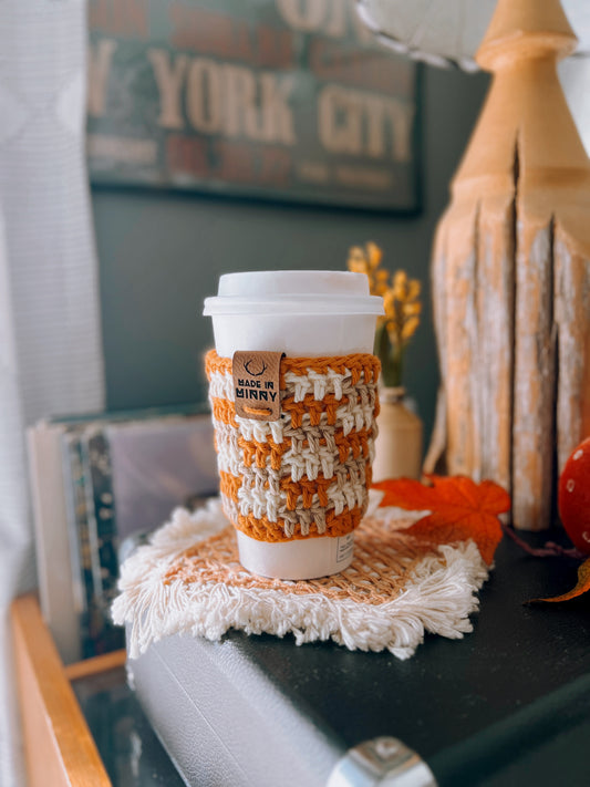 Coffee Cup Sleeve | Tan, Orange, Cream Plaid