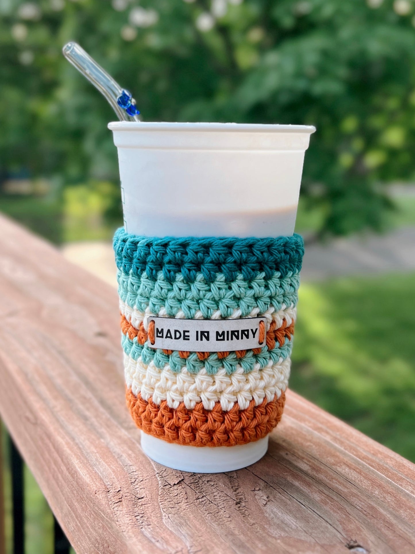 Coffee Cup Sleeve | Summer Stripe | Teal, Burnt Orange, Pale Yellow