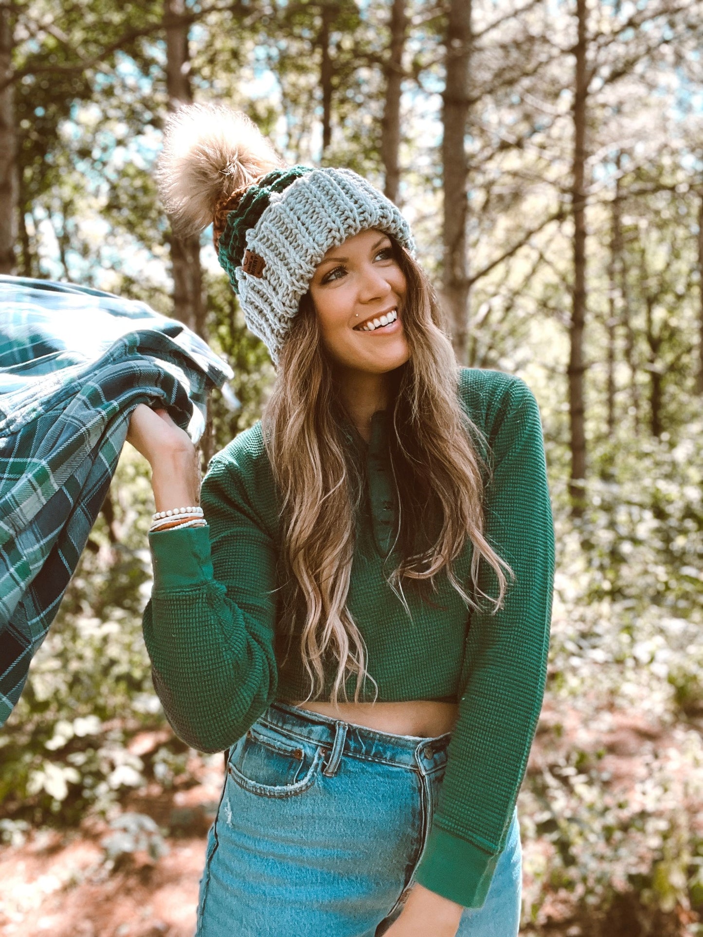 Waffle Fold Beanie | 3-Tone Gray, Forest Green & Brown