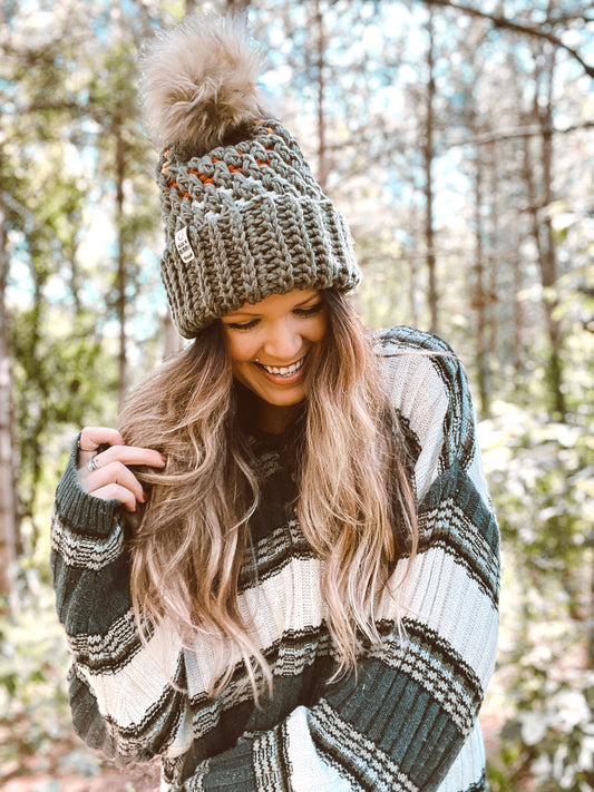 Chunky Textured Fold Beanie | Olive Multi