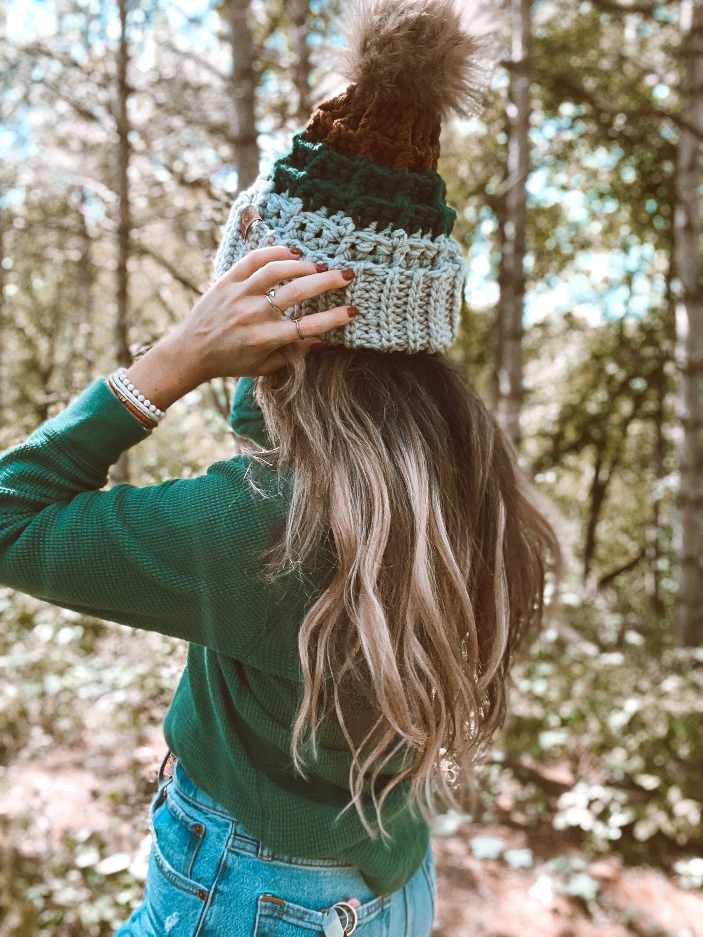Waffle Fold Beanie | 3-Tone Gray, Forest Green & Brown