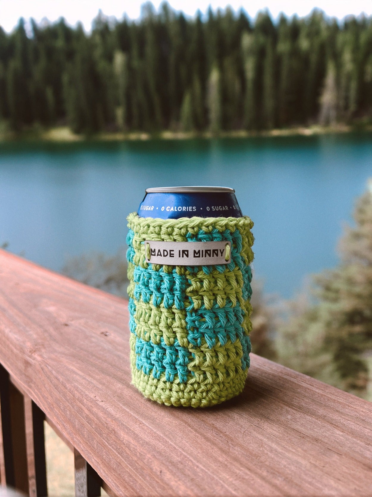Lime green and turquoise crocheted can coozie