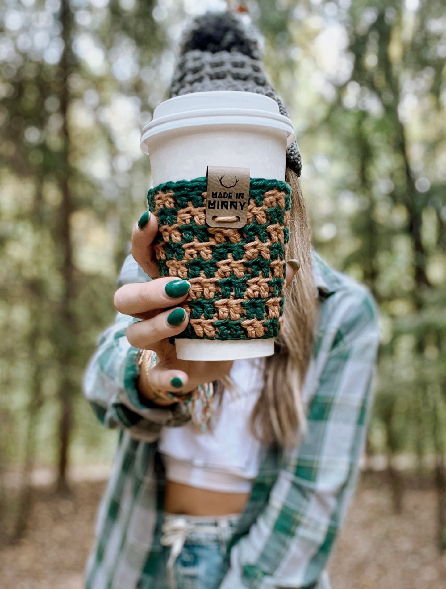 Check Coffee Cup Sleeve | Forest Green & Antique Gold