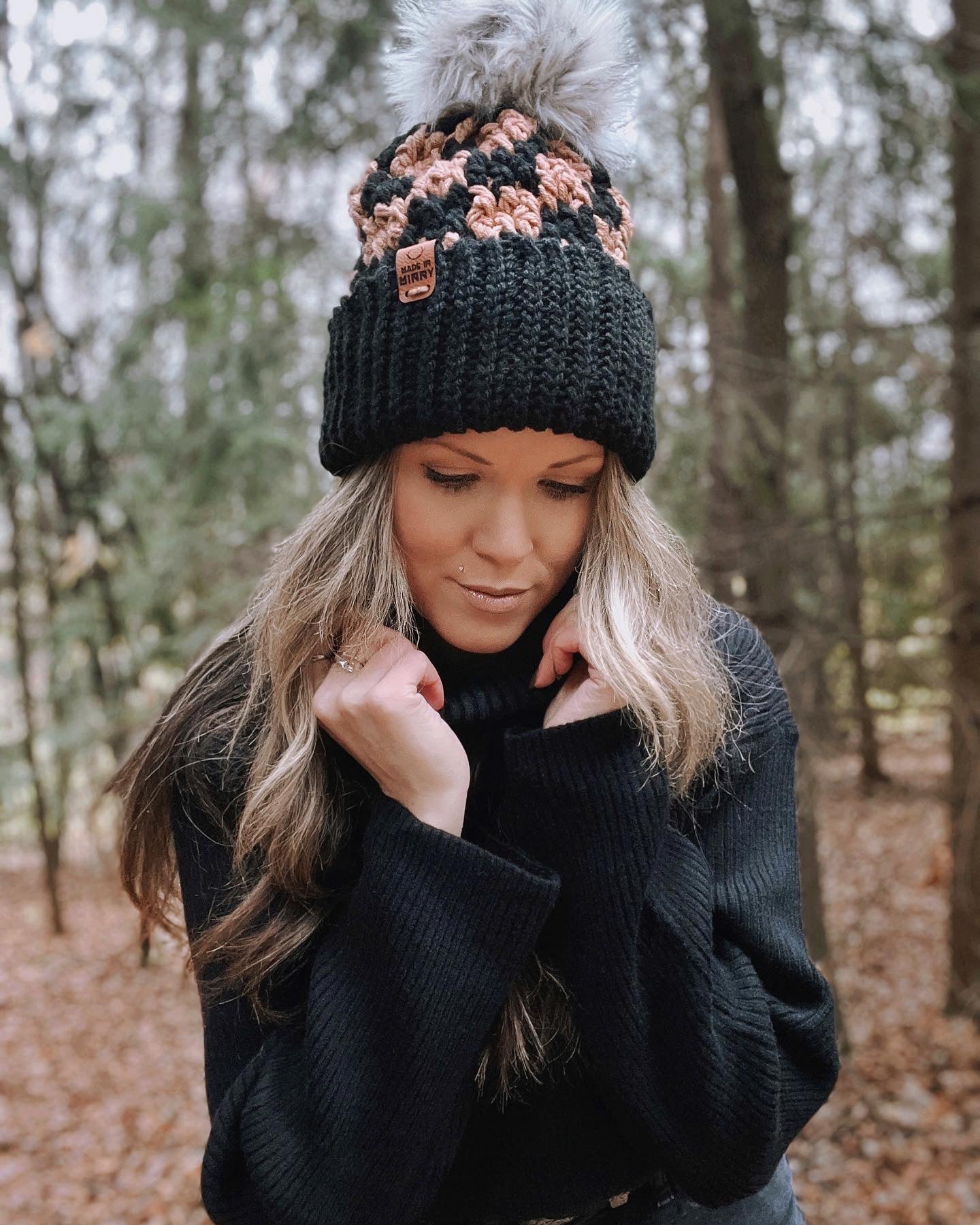 Chunky Check Beanie | Black & Cider